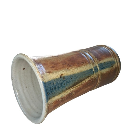 Handmade Vintage Scandinavian Rustic Ceramic Vase – Brown & Blue Glazed Pottery - Picture 8 of 14